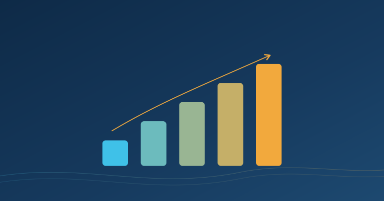 Five ascending bars in blue-to-amber gradient with an upward arrow, representing growing return on investment from AI tools