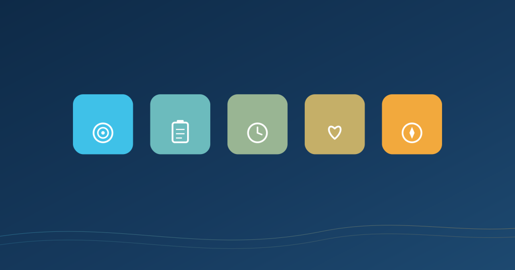 Five colored icon tiles in a blue-to-amber gradient — a target, checklist, clock, heart, and compass — representing common AI mistakes to avoid